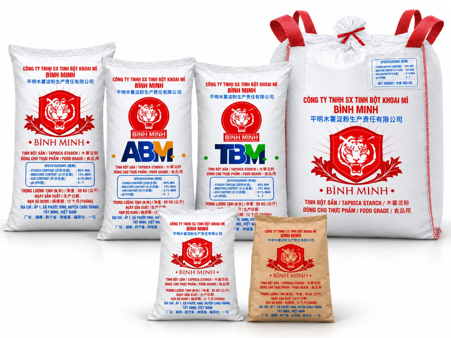 Các quy cách đóng gói tinh bột sắn Bình Minh